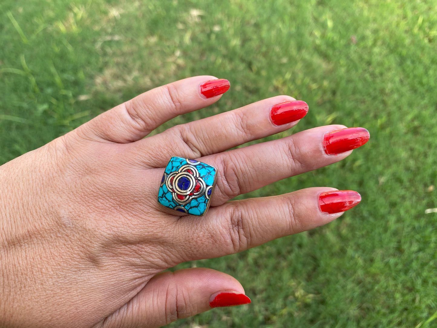 Small Adjustable Tibetan Silver Ring, Turquoise, Coral & Lapis Inlay Ring, Statement Ring, Ethnic Women Ring, Bohemian Hill Tribe Jewelry