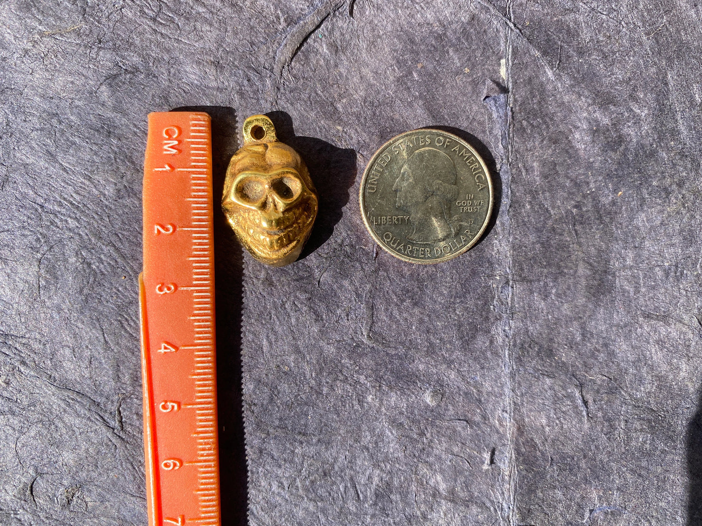 Small African Skull Pendent Charm, 18k Non Tarnish Brushed Gold Overlay, Tribal Jewelry, Jewelry Supplies, Skeleton Charm, Gothic Charms