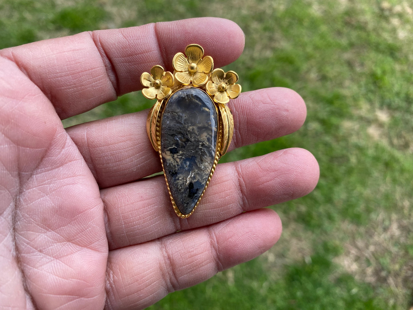 Small Brushed Gold Overlay Non Tarnish Pendant with Natural Jasper, Flower Design, Unique Jewelry For Nature Lover, Crystal Pendant