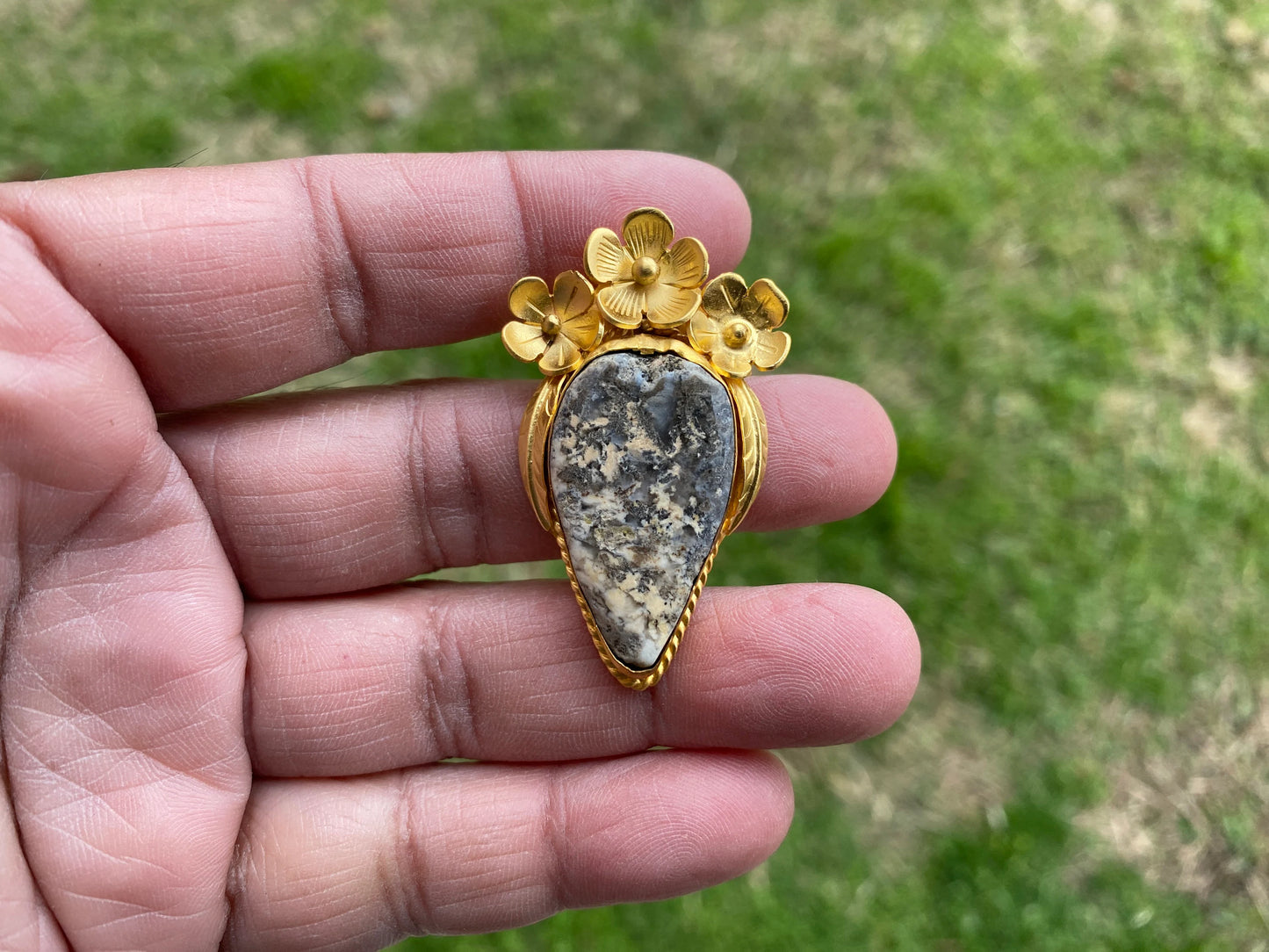 Small Brushed Gold Overlay Non Tarnish Pendant with Natural Jasper, Flower Design, Unique Jewelry For Nature Lover, Crystal Pendant