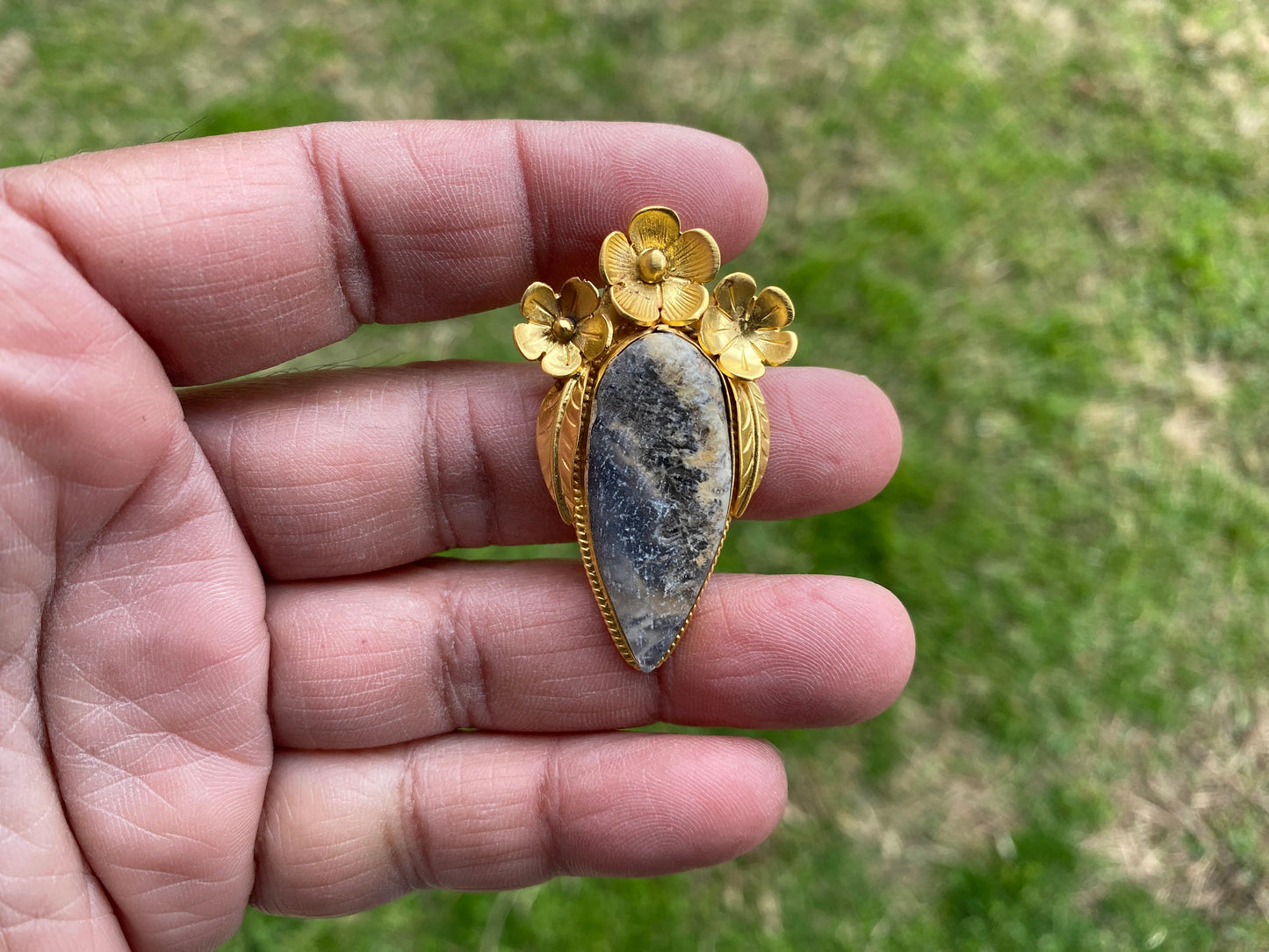 Small Brushed Gold Overlay Non Tarnish Pendant with Natural Jasper, Flower Design, Unique Jewelry For Nature Lover, Crystal Pendant
