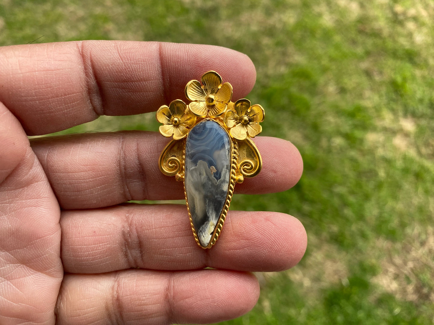Small Brushed Gold Overlay Non Tarnish Pendant with Natural Jasper, Flower Design, Unique Jewelry For Nature Lover, Crystal Pendant