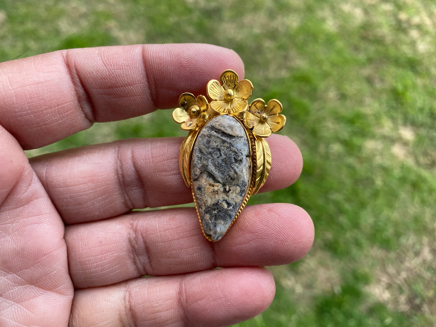 Small Brushed Gold Overlay Non Tarnish Pendant with Natural Jasper, Flower Design, Unique Jewelry For Nature Lover, Crystal Pendant
