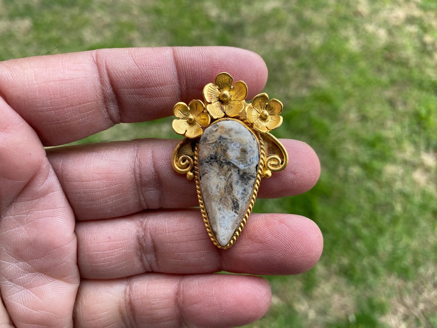 Small Brushed Gold Overlay Non Tarnish Pendant with Natural Jasper, Flower Design, Unique Jewelry For Nature Lover, Crystal Pendant