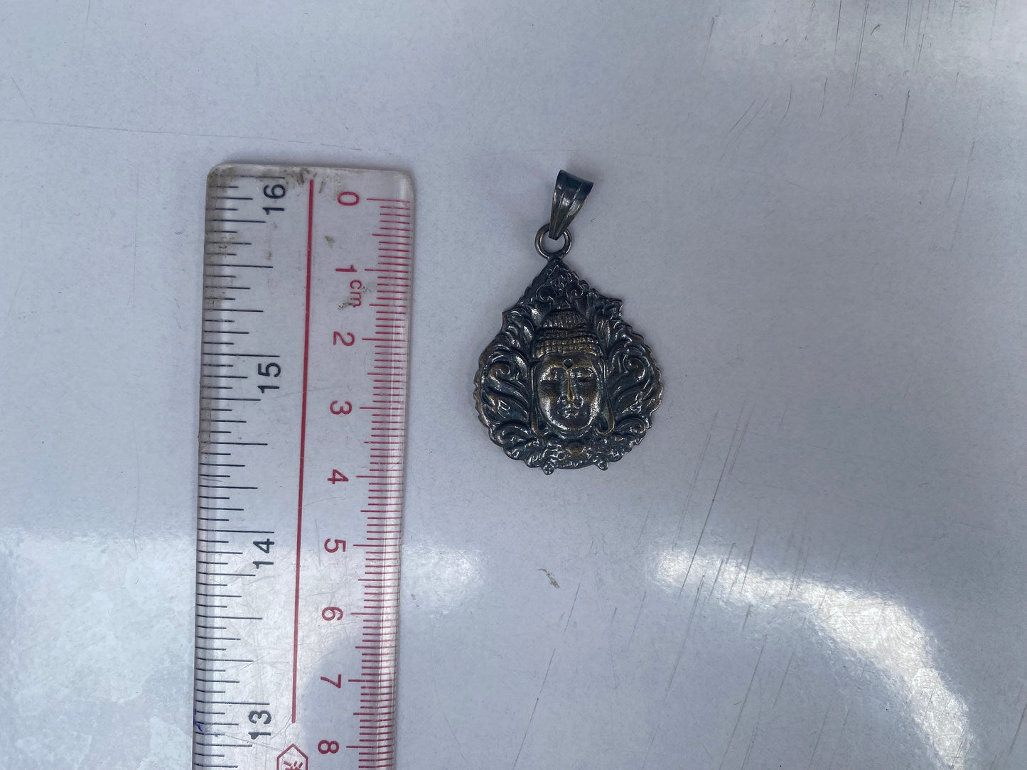 Small Buddha Head Leaf Tibetan Silver Overlay Brass Pendant | Buddhist Jewelry, Pendant for Meditation, Prayer Jewelry, Hand Carved.