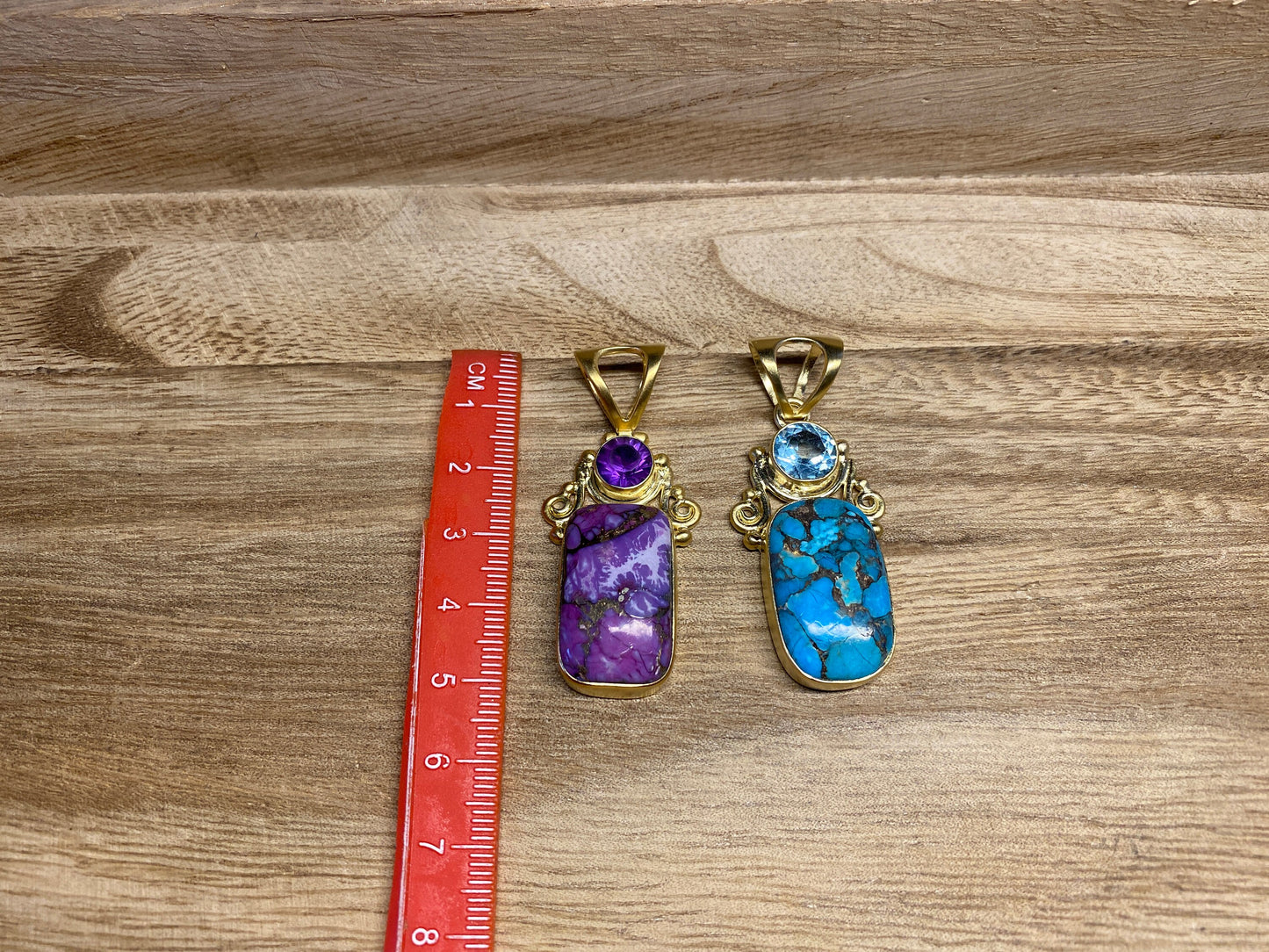 Small Copper Turquoise Pendant, Faceted Blue Topaz or Amethyst Gemstone, Matte Gold Overlay, Natural Stone, Birthstone Pendant for Necklace