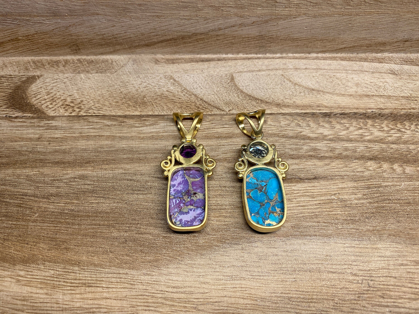 Small Copper Turquoise Pendant, Faceted Blue Topaz or Amethyst Gemstone, Matte Gold Overlay, Natural Stone, Birthstone Pendant for Necklace