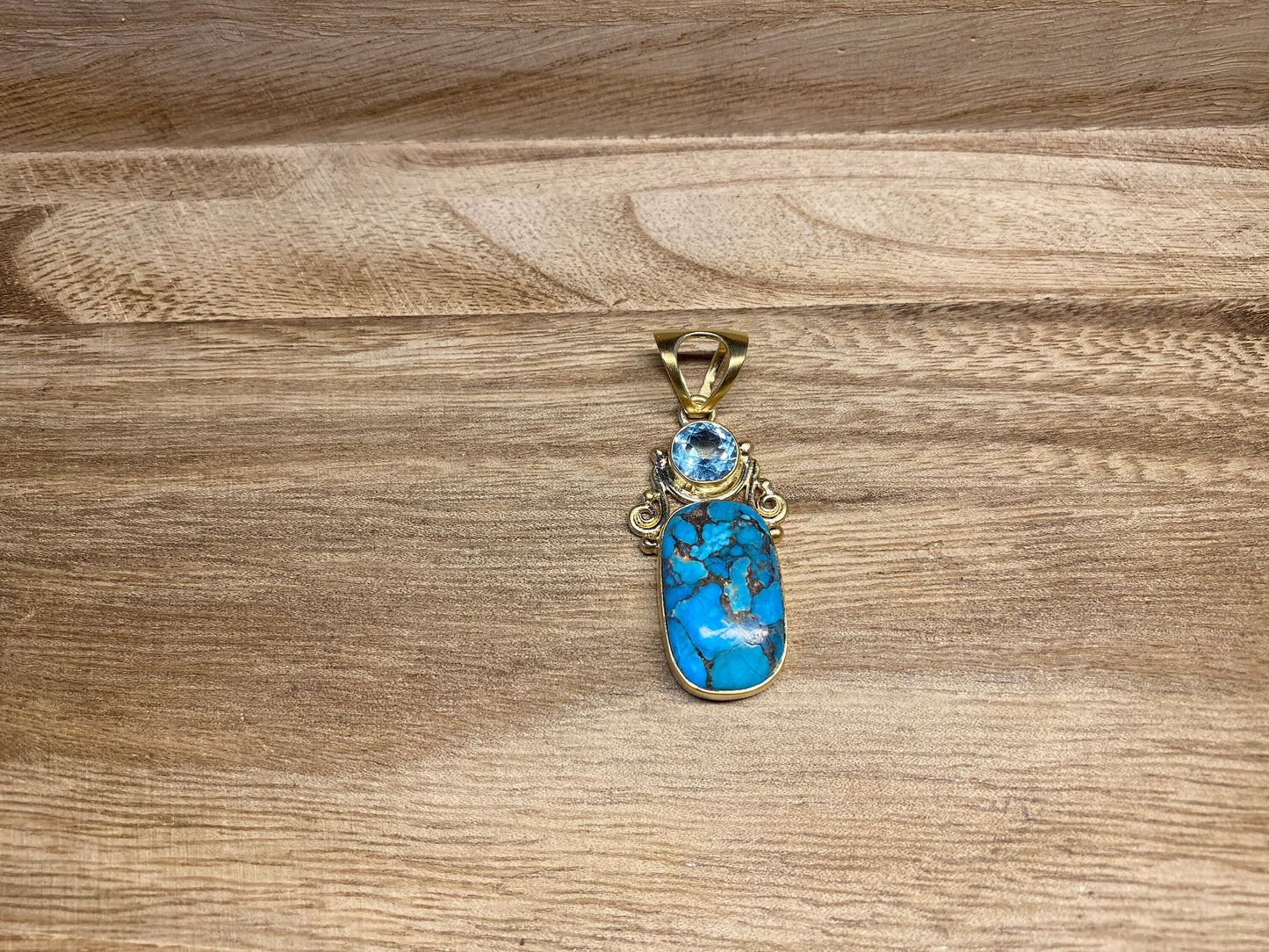 Small Copper Turquoise Pendant, Faceted Blue Topaz or Amethyst Gemstone, Matte Gold Overlay, Natural Stone, Birthstone Pendant for Necklace