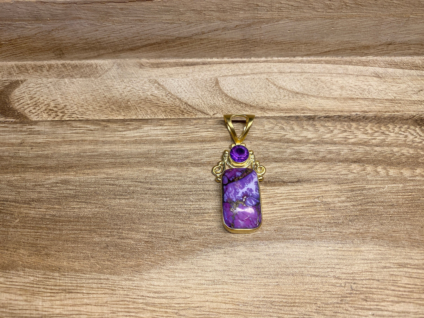 Small Copper Turquoise Pendant, Faceted Blue Topaz or Amethyst Gemstone, Matte Gold Overlay, Natural Stone, Birthstone Pendant for Necklace