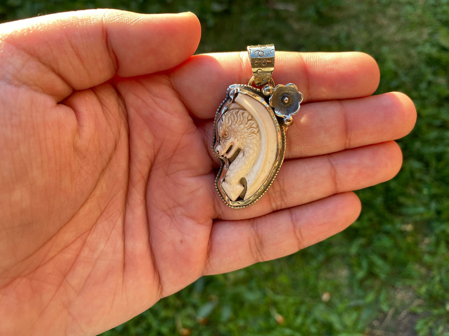 Small Dragon Carved Buffalo Bone Tibetan Silver Pendant, Fairy Tale Dragon, Himalayan Jewelry, For Protection, Unique Design, Gothic Jewelry