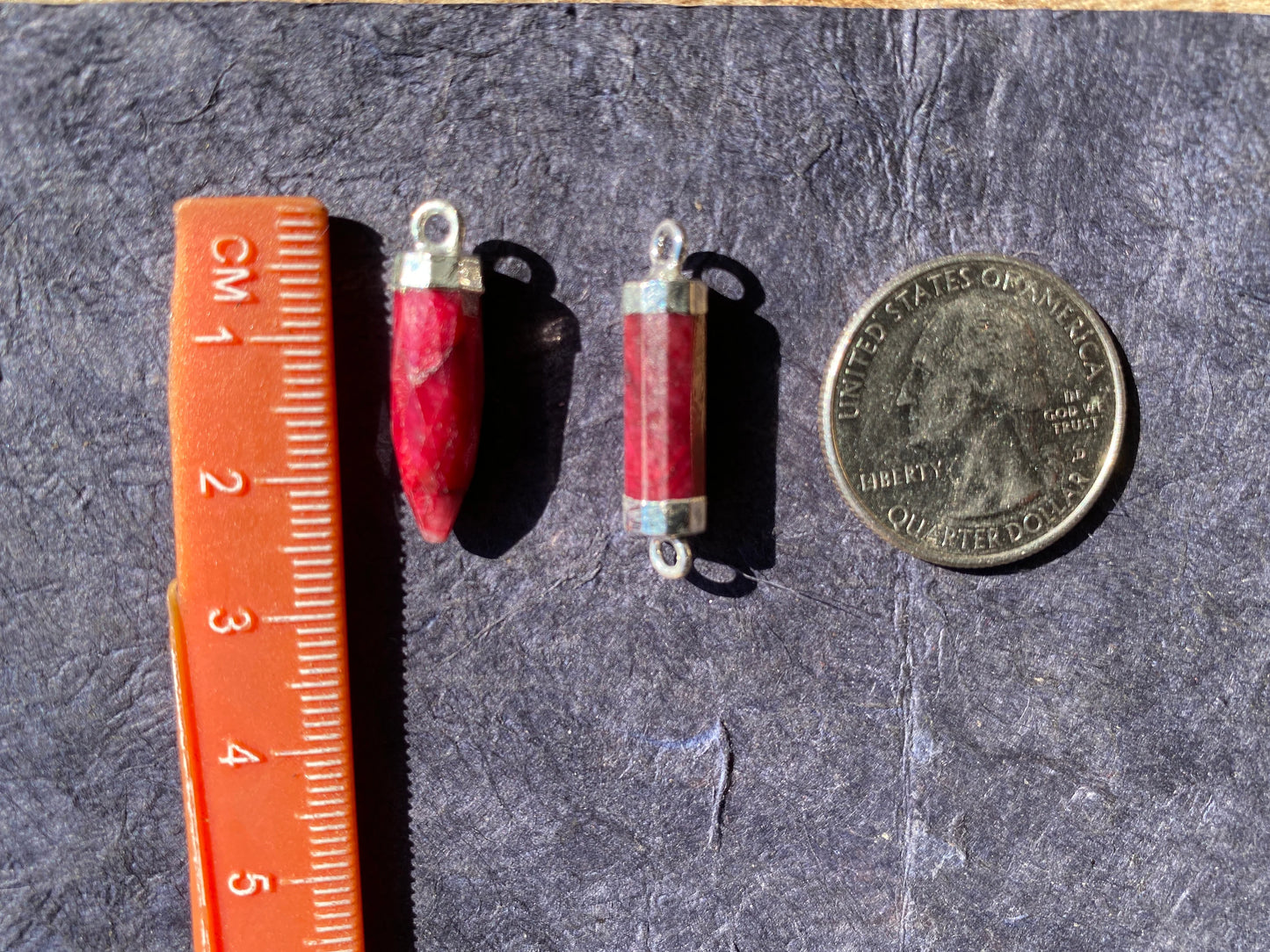 Small Dyed Ruby Charm, Gemstone Connectors, Silver Electroplated Single & Double Bail, Jewelry Making Supply, Faceted Gemstone Connector
