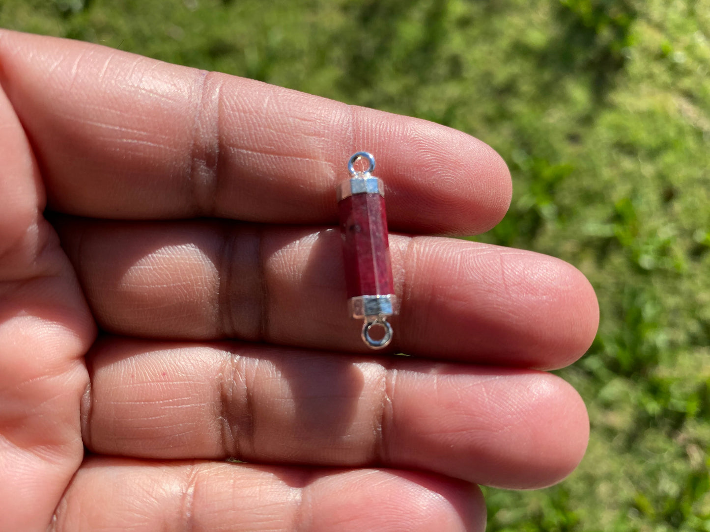 Small Dyed Ruby Charm, Gemstone Connectors, Silver Electroplated Single & Double Bail, Jewelry Making Supply, Faceted Gemstone Connector