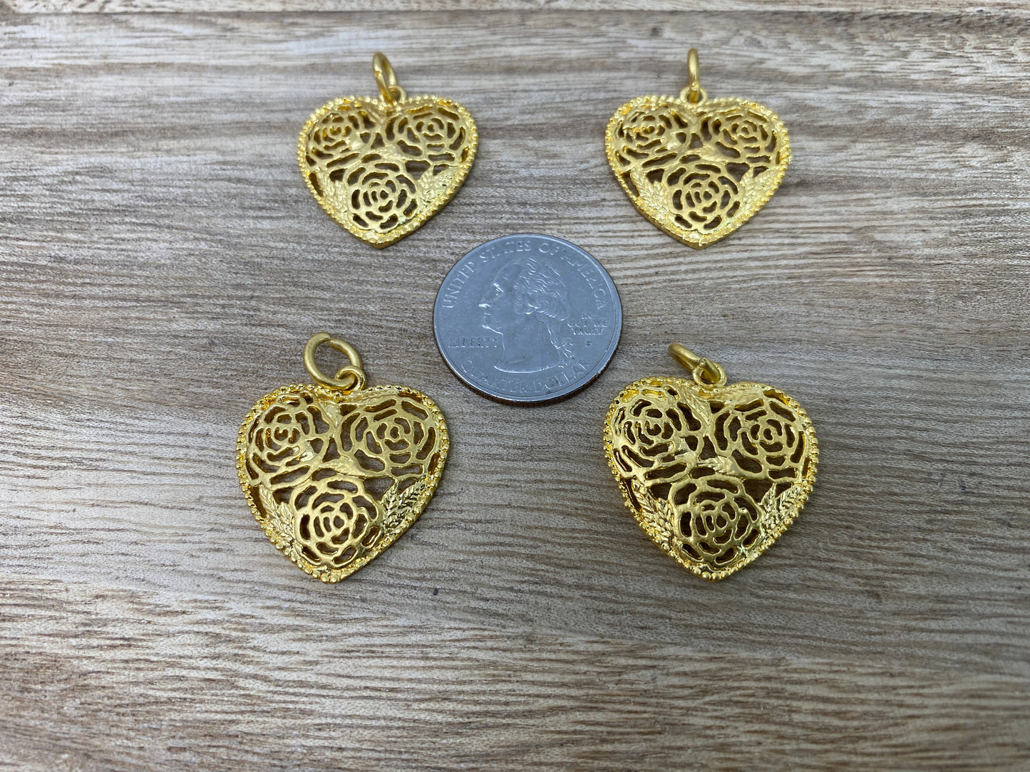 Small Filigree Heart Charms, 18k Matte Gold Overlay, Heart Necklace Charms / Pendant, Bracelet Charms, Gold Plated Finding, Jewelry Supplies