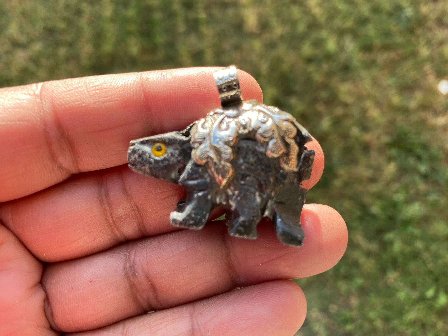 Small Hand Carved Stegosaurus Dinosaur Tibetan Silver Pendant, Natural Soapstone Animal Carving, Spirit Animal, Animal Lover's Jewelry