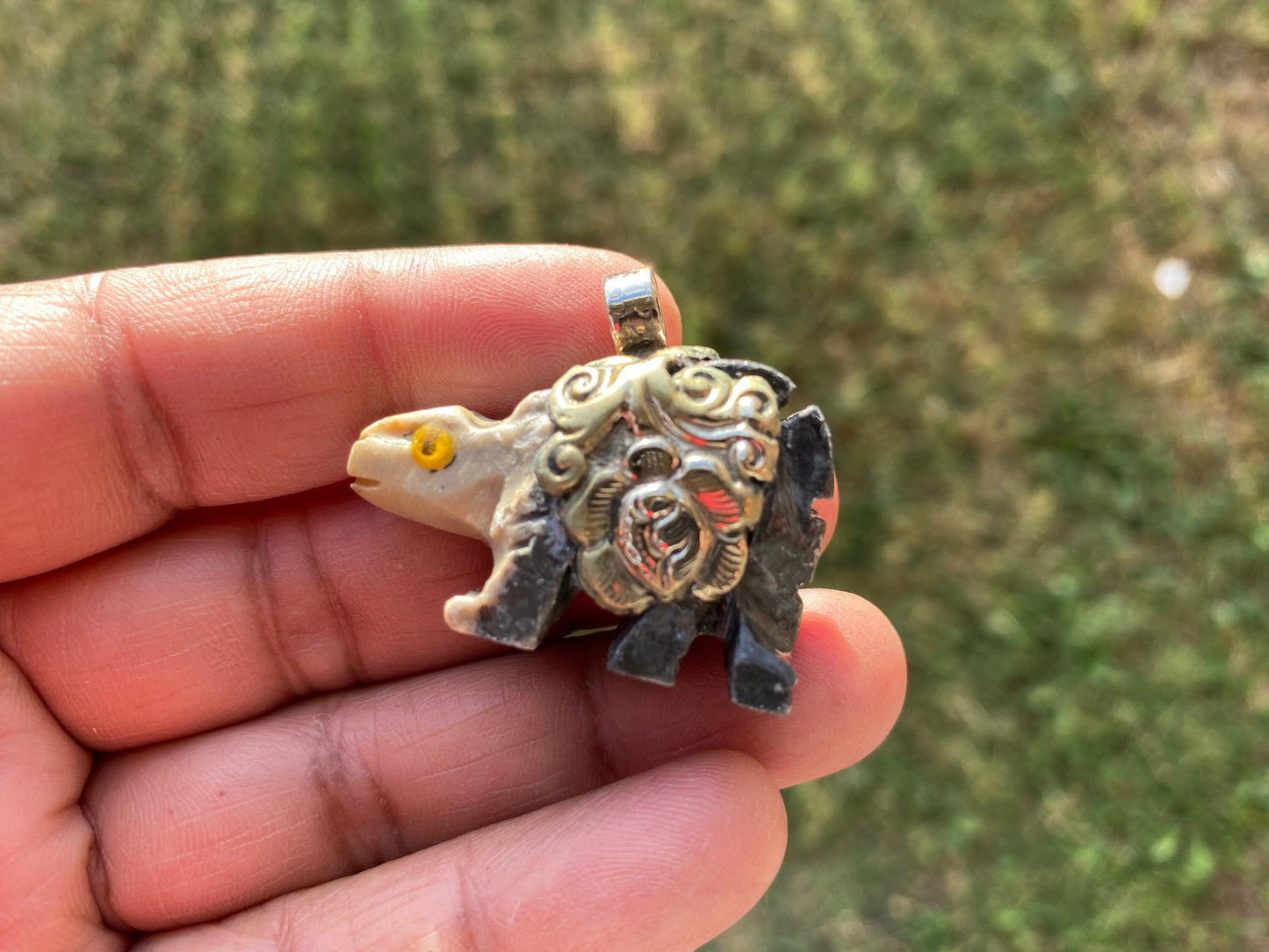 Small Hand Carved Stegosaurus Dinosaur Tibetan Silver Pendant, Natural Soapstone Animal Carving, Spirit Animal, Animal Lover's Jewelry