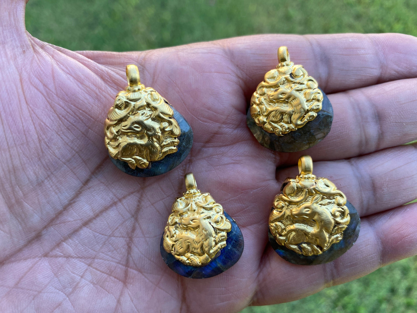 Small Labradorite Gemstone Pendant, 18K Brushed Gold Overlay, Animal Designs Pendant,Healing Crystal Pendant for Gold Chain,Birthstone Charm