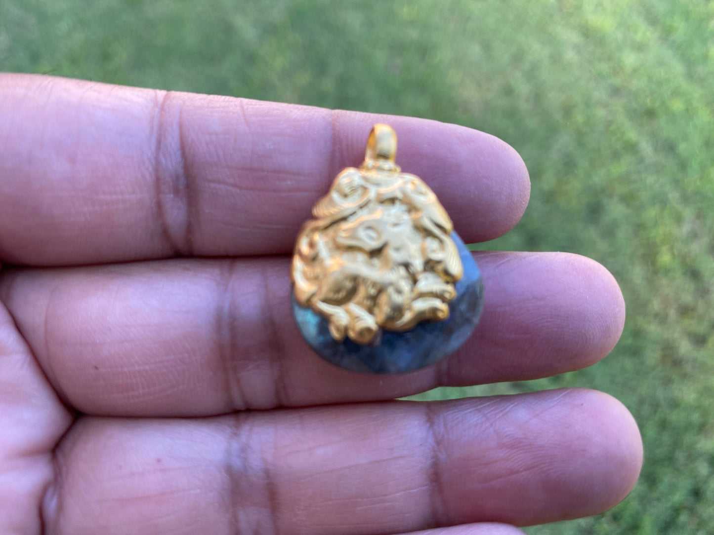 Small Labradorite Gemstone Pendant, 18K Brushed Gold Overlay, Animal Designs Pendant,Healing Crystal Pendant for Gold Chain,Birthstone Charm