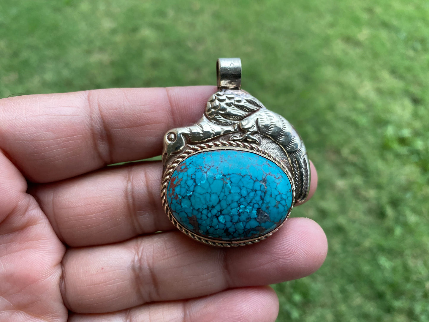 Small Natural Turquoise Stone Tibetan Silver Pendant, Native American Style, For Men or Women, Ethnic Tibetan Jewelry, Energy Stone, Boho