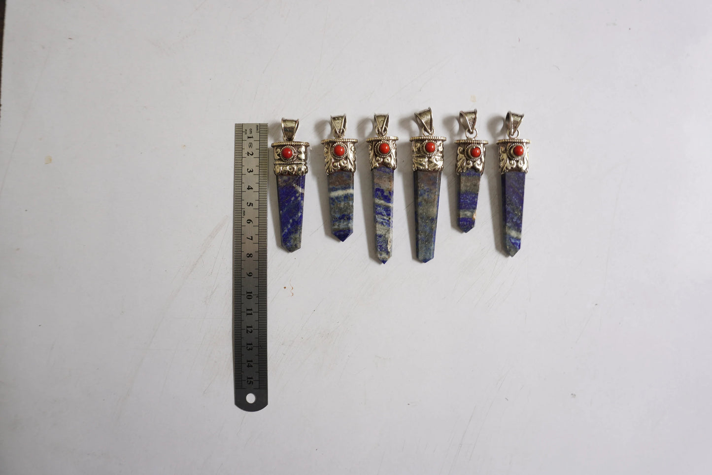 Small Pointed Lapis Lazuli with Red Coral Tibetan Silver Pendant | Handcrafted Unique jewelry, Unisex Pendant, Tibetan Jewelry, Bohemian