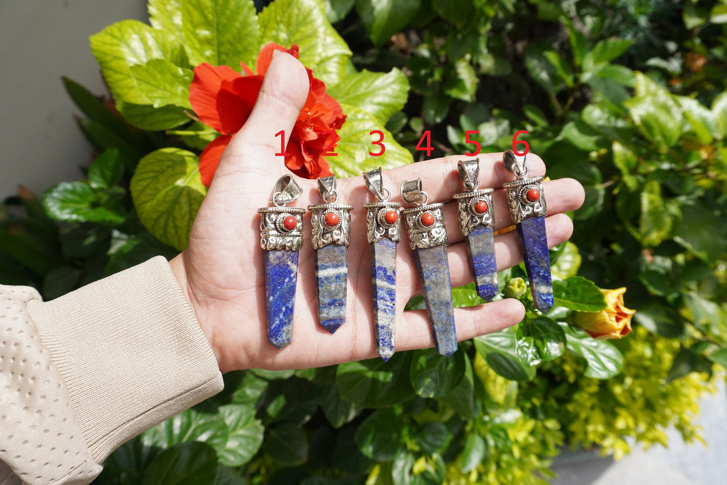 Small Pointed Lapis Lazuli with Red Coral Tibetan Silver Pendant | Handcrafted Unique jewelry, Unisex Pendant, Tibetan Jewelry, Bohemian