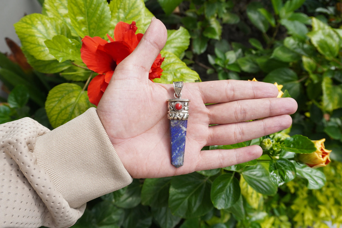 Small Pointed Lapis Lazuli with Red Coral Tibetan Silver Pendant | Handcrafted Unique jewelry, Unisex Pendant, Tibetan Jewelry, Bohemian