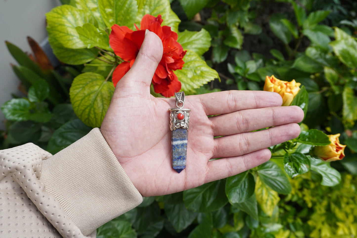 Small Pointed Lapis Lazuli with Red Coral Tibetan Silver Pendant | Handcrafted Unique jewelry, Unisex Pendant, Tibetan Jewelry, Bohemian