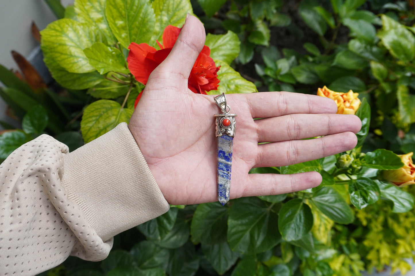 Small Pointed Lapis Lazuli with Red Coral Tibetan Silver Pendant | Handcrafted Unique jewelry, Unisex Pendant, Tibetan Jewelry, Bohemian