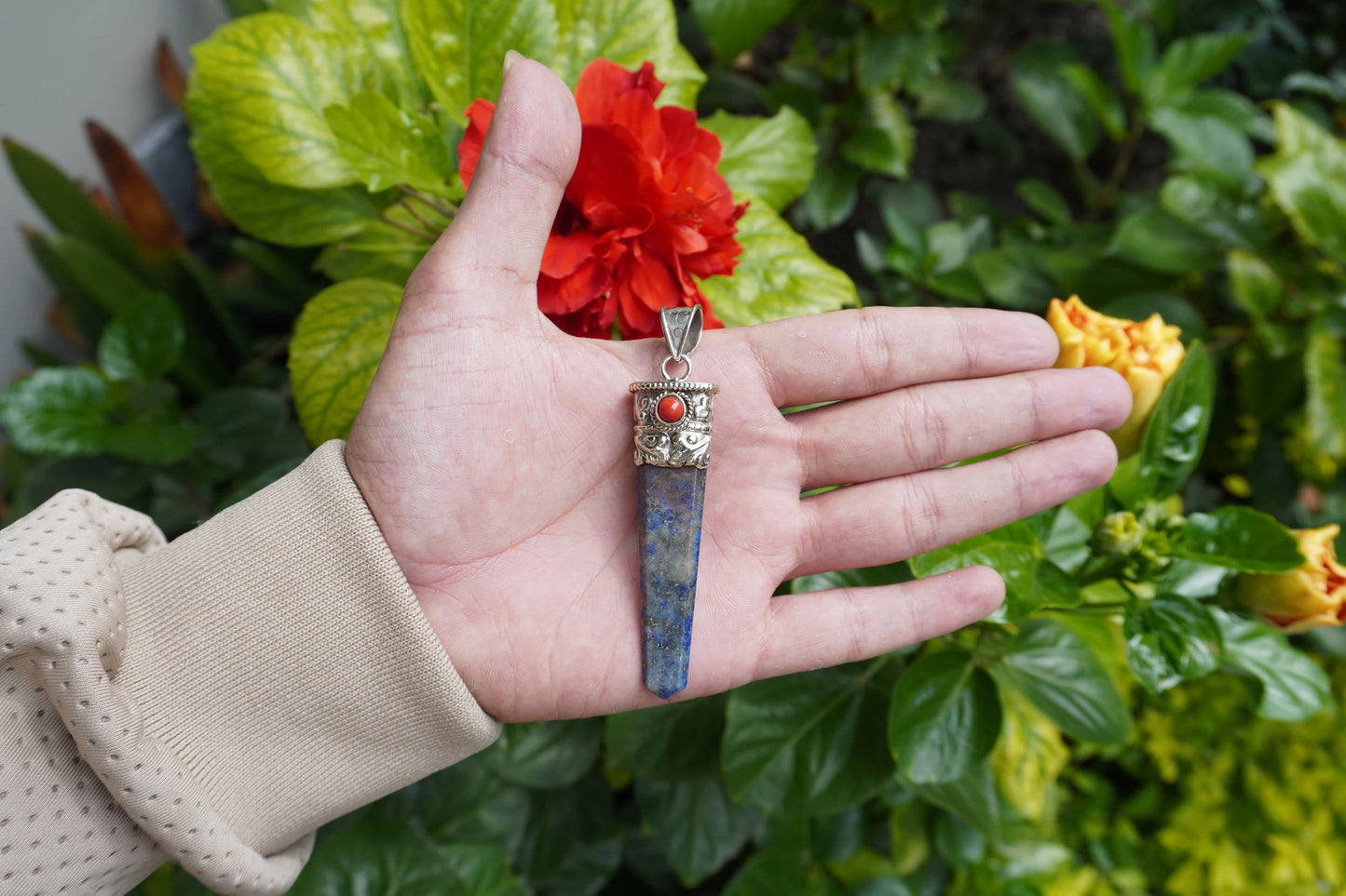Small Pointed Lapis Lazuli with Red Coral Tibetan Silver Pendant | Handcrafted Unique jewelry, Unisex Pendant, Tibetan Jewelry, Bohemian