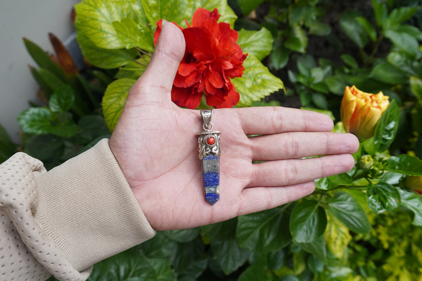 Small Pointed Lapis Lazuli with Red Coral Tibetan Silver Pendant | Handcrafted Unique jewelry, Unisex Pendant, Tibetan Jewelry, Bohemian