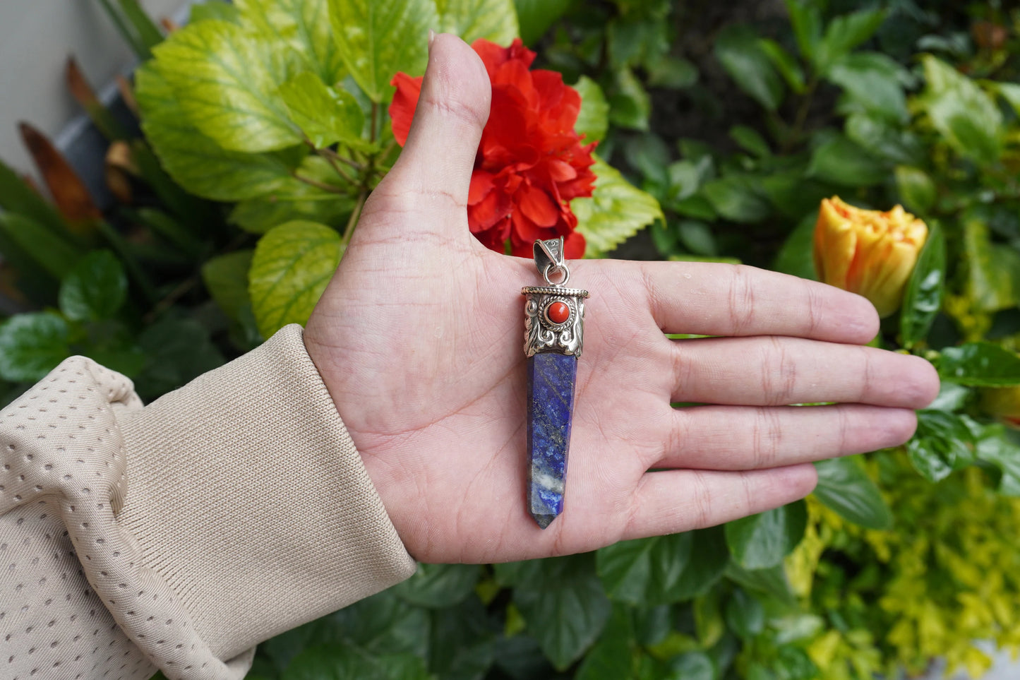 Small Pointed Lapis Lazuli with Red Coral Tibetan Silver Pendant | Handcrafted Unique jewelry, Unisex Pendant, Tibetan Jewelry, Bohemian