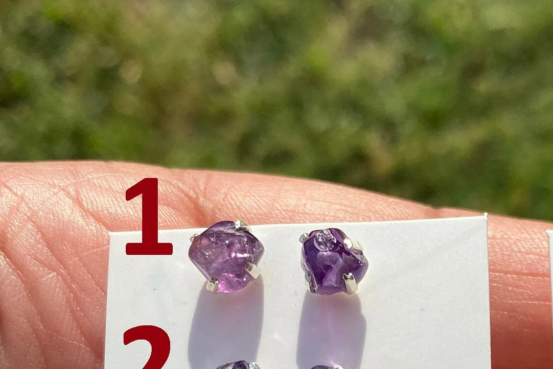 Small Raw Amethyst Gemstone Stud Earrings, Sterling Silver Earrings, Rough Gemstone, Prong Stud, Healing Crystal Earring, Bridesmaid Jewelry