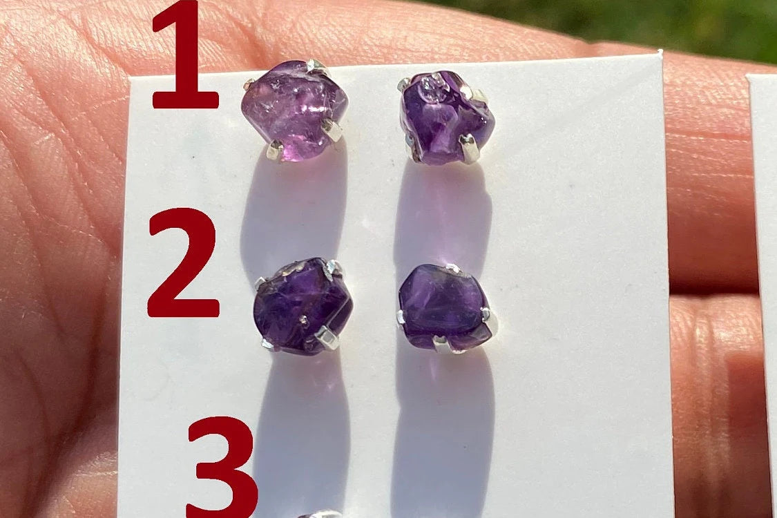 Small Raw Amethyst Gemstone Stud Earrings, Sterling Silver Earrings, Rough Gemstone, Prong Stud, Healing Crystal Earring, Bridesmaid Jewelry