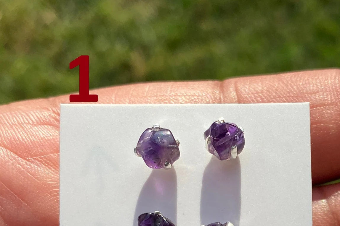 Small Raw Amethyst Sterling Silver Earring, Raw Prong Set Stud Earrings, Amethyst Stud Earring, February Birthstone, Small Gemstone Earrings