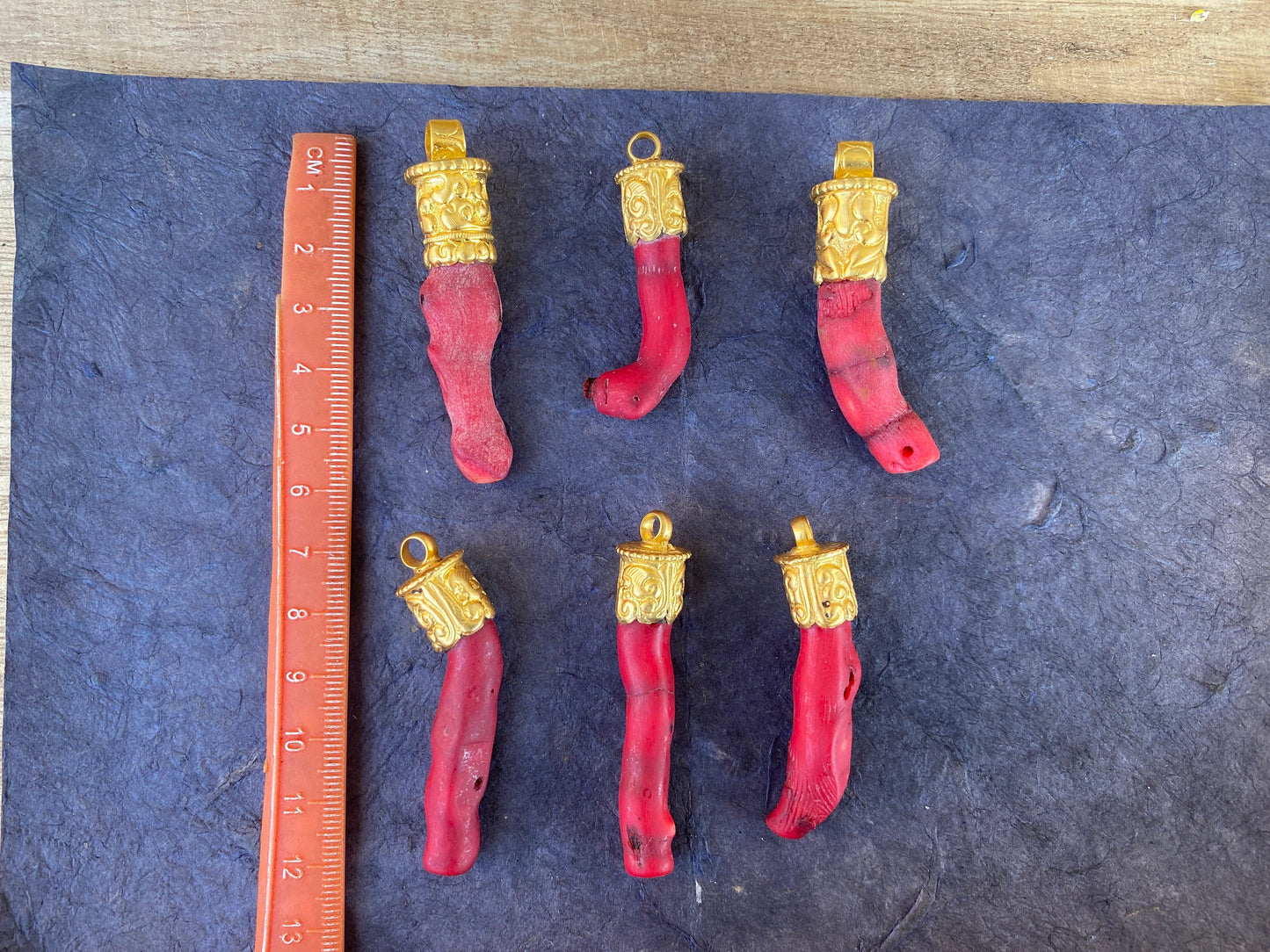 Small Raw Bamboo Shape Red Coral Pendant, 18K Brushed Gold Overlay with Anti tarnish, Popular Jewellery, Freeform Coral, Tibetan Jewelry