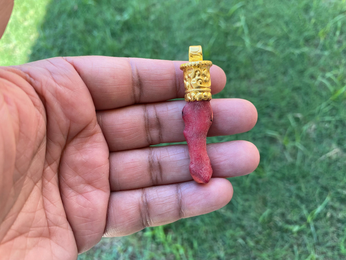 Small Raw Bamboo Shape Red Coral Pendant, 18K Brushed Gold Overlay with Anti tarnish, Popular Jewellery, Freeform Coral, Tibetan Jewelry