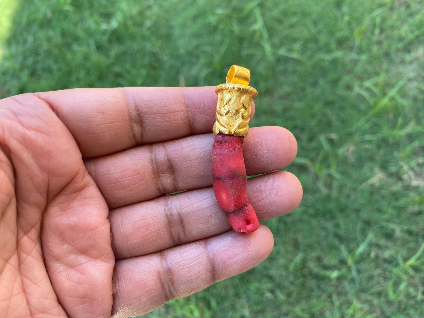 Small Raw Bamboo Shape Red Coral Pendant, 18K Brushed Gold Overlay with Anti tarnish, Popular Jewellery, Freeform Coral, Tibetan Jewelry