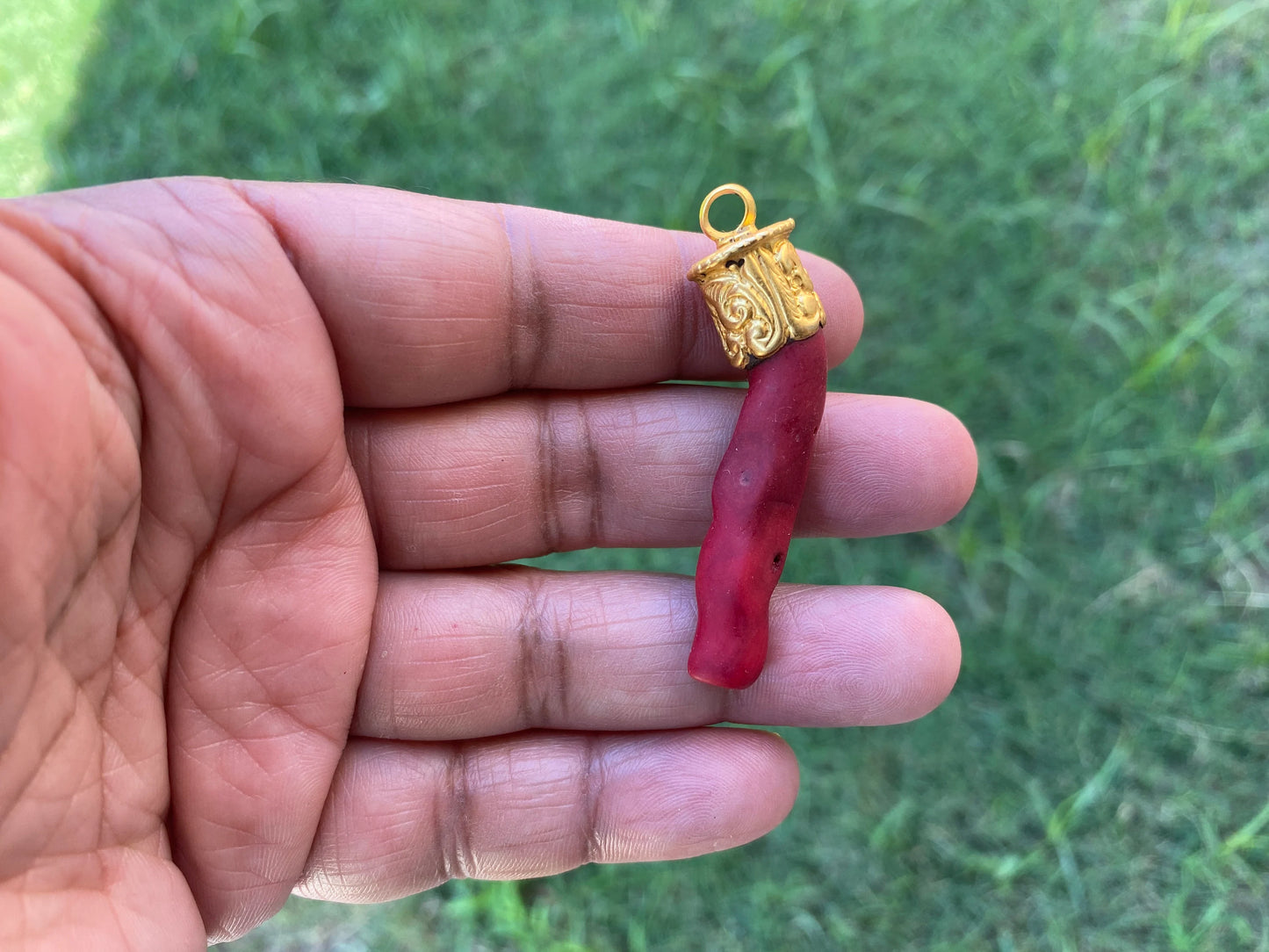 Small Raw Bamboo Shape Red Coral Pendant, 18K Brushed Gold Overlay with Anti tarnish, Popular Jewellery, Freeform Coral, Tibetan Jewelry