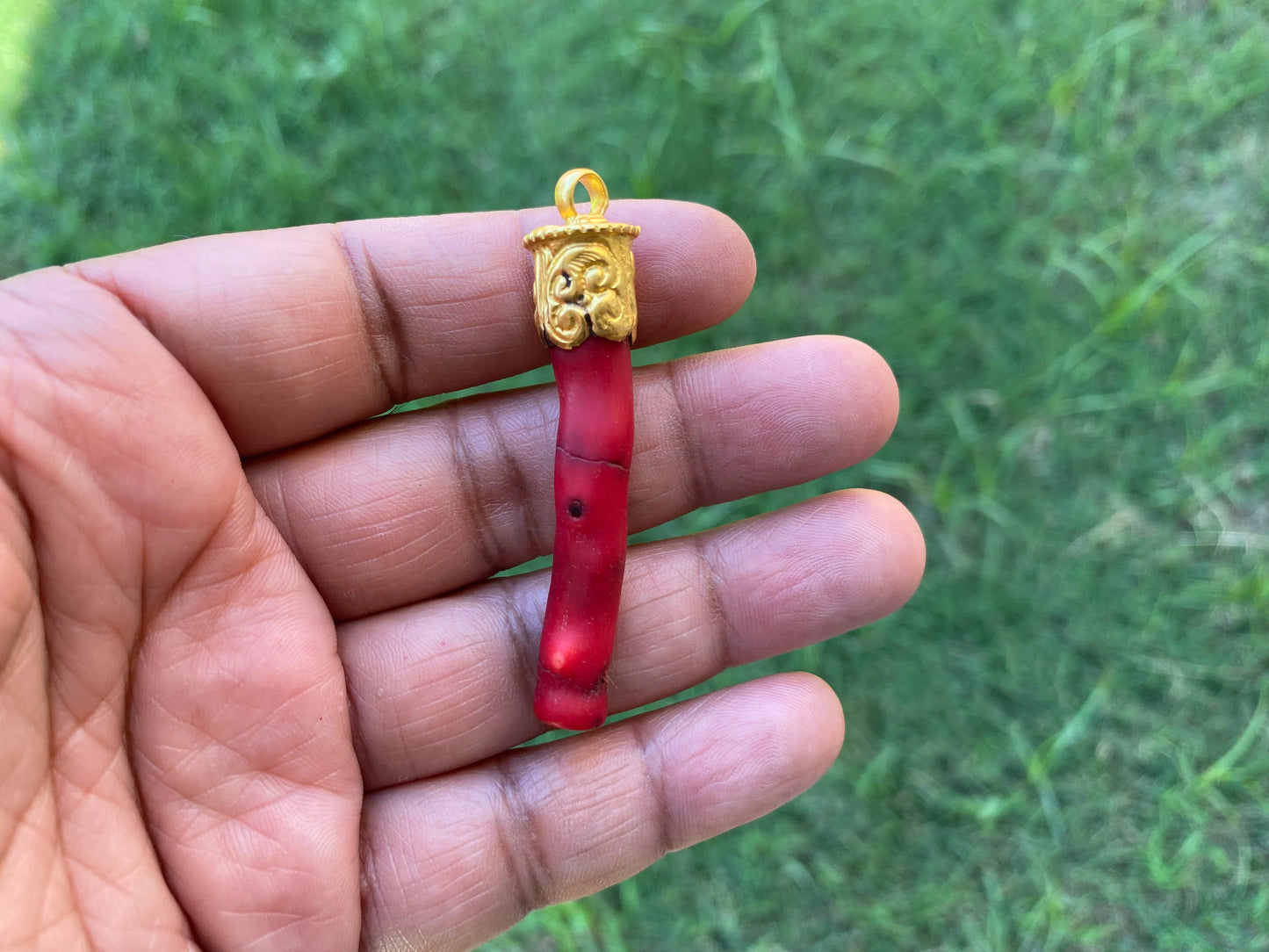 Small Raw Bamboo Shape Red Coral Pendant, 18K Brushed Gold Overlay with Anti tarnish, Popular Jewellery, Freeform Coral, Tibetan Jewelry