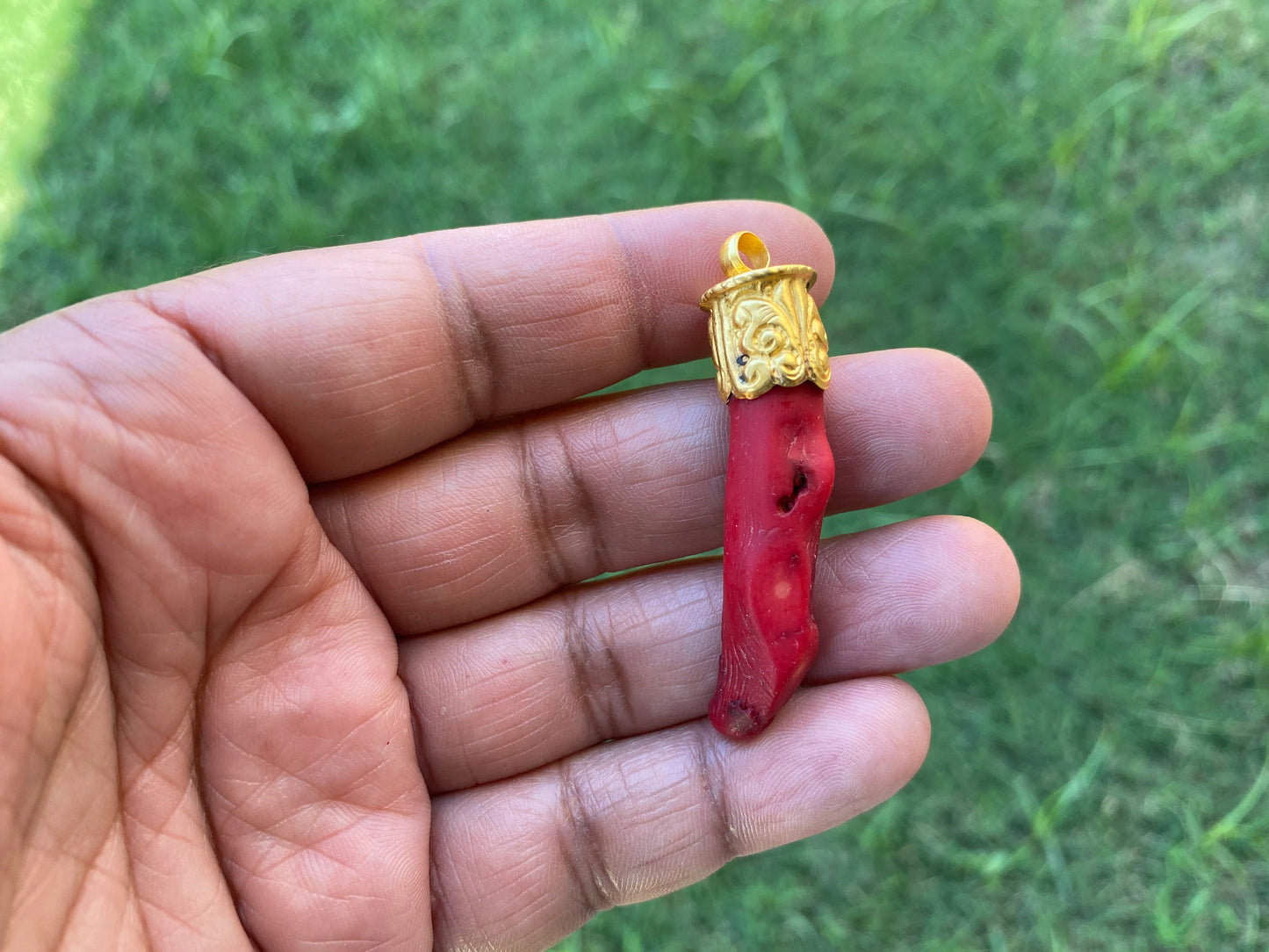 Small Raw Bamboo Shape Red Coral Pendant, 18K Brushed Gold Overlay with Anti tarnish, Popular Jewellery, Freeform Coral, Tibetan Jewelry