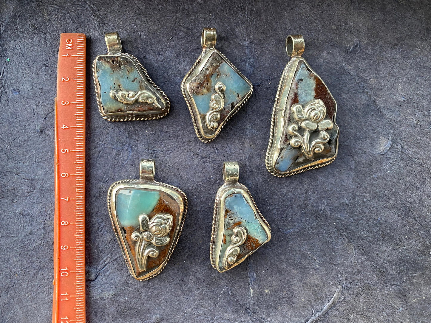 Small Raw Chrysoprase Slab Natural Stone Tibetan Silver Pendant, Flower Designs, Ethnic Jewelry, Himalayan Jewelry, Natural Stone Jewelry