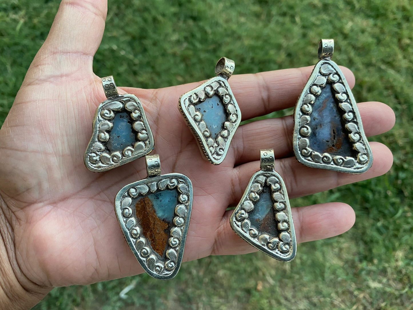 Small Raw Chrysoprase Slab Natural Stone Tibetan Silver Pendant, Flower Designs, Ethnic Jewelry, Himalayan Jewelry, Natural Stone Jewelry