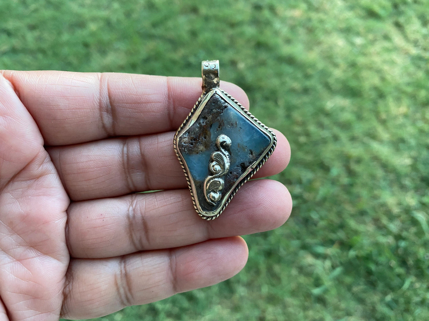 Small Raw Chrysoprase Slab Natural Stone Tibetan Silver Pendant, Flower Designs, Ethnic Jewelry, Himalayan Jewelry, Natural Stone Jewelry