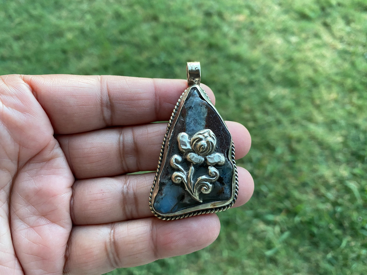 Small Raw Chrysoprase Slab Natural Stone Tibetan Silver Pendant, Flower Designs, Ethnic Jewelry, Himalayan Jewelry, Natural Stone Jewelry