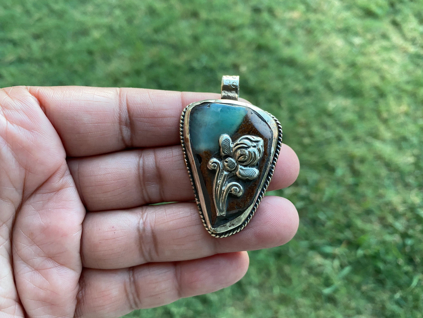 Small Raw Chrysoprase Slab Natural Stone Tibetan Silver Pendant, Flower Designs, Ethnic Jewelry, Himalayan Jewelry, Natural Stone Jewelry