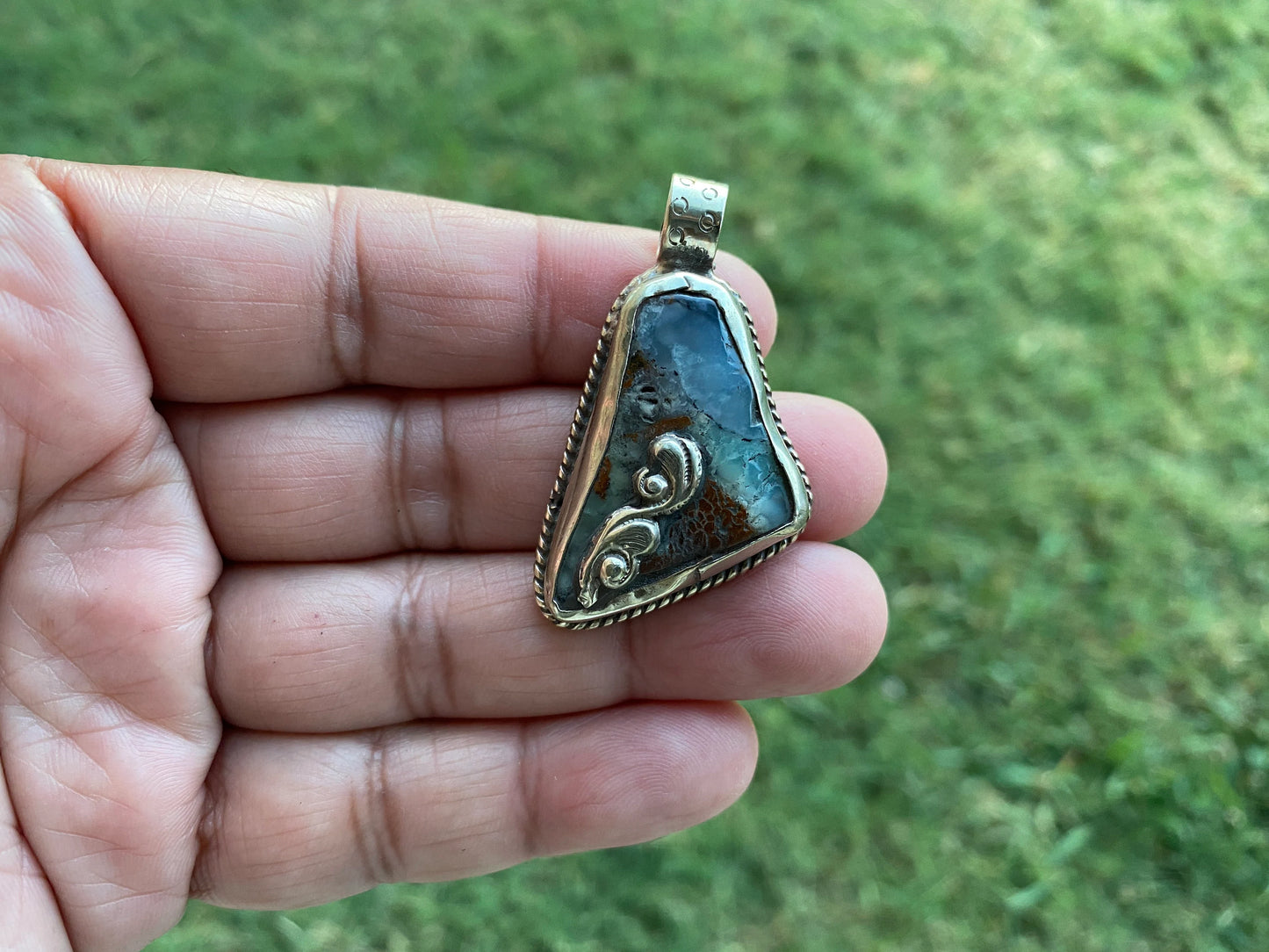 Small Raw Chrysoprase Slab Natural Stone Tibetan Silver Pendant, Flower Designs, Ethnic Jewelry, Himalayan Jewelry, Natural Stone Jewelry