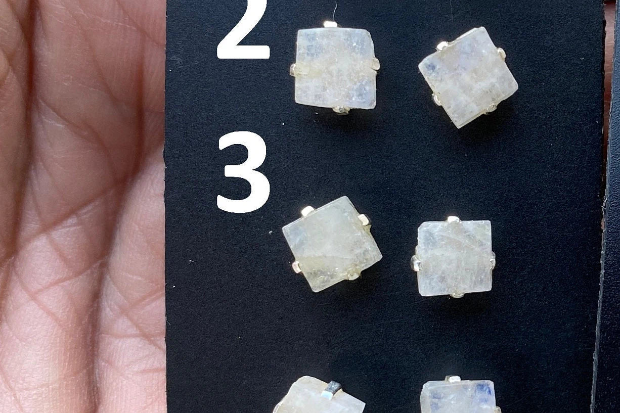 Small Raw Rainbow Moonstone Post Earrings, Sterling Silver Earring, Prong Stud Earring, Rainbow Moonstone Earrings, Crystal Stud, Birthstone