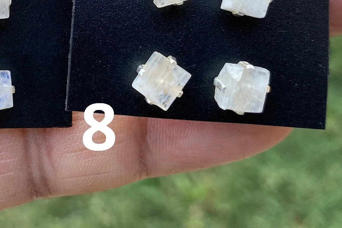 Small Raw Rainbow Moonstone Post Earrings, Sterling Silver Earring, Prong Stud Earring, Rainbow Moonstone Earrings, Crystal Stud, Birthstone