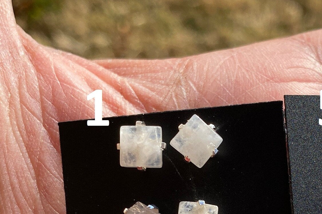 Small Raw Rainbow Natural Moonstone Gemstone Stud Earrings, Sterling Silver Earrings, Prong Stud Earring, Crystal Stud, June Birthstone