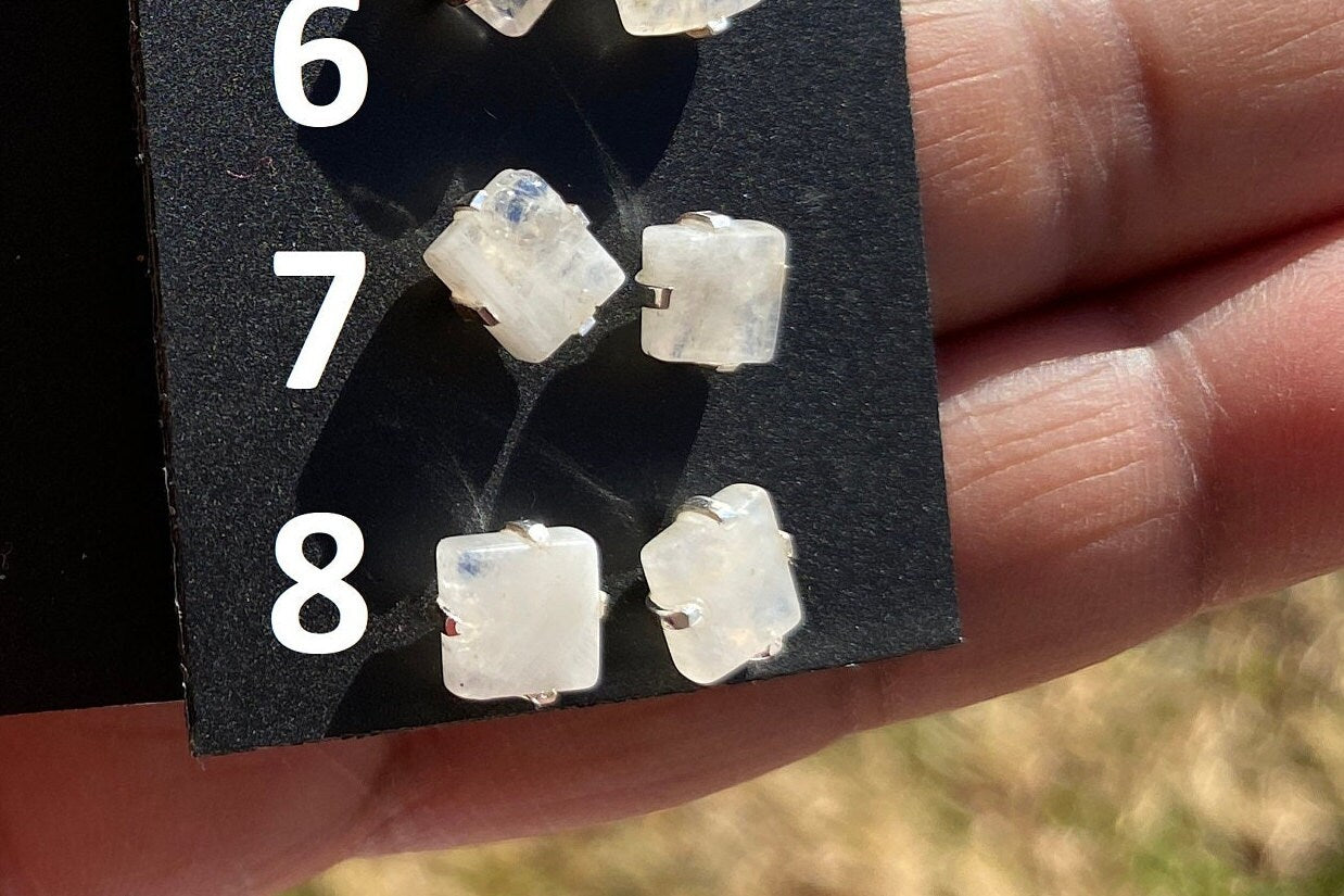 Small Raw Rainbow Natural Moonstone Gemstone Stud Earrings, Sterling Silver Earrings, Prong Stud Earring, Crystal Stud, June Birthstone
