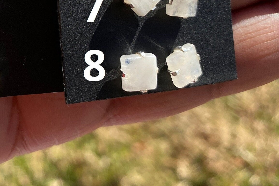 Small Raw Rainbow Natural Moonstone Gemstone Stud Earrings, Sterling Silver Earrings, Prong Stud Earring, Crystal Stud, June Birthstone